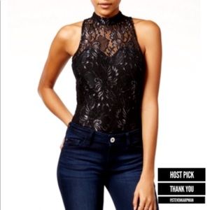 Material Girl Black Lacey Metallic Silver BodySuit